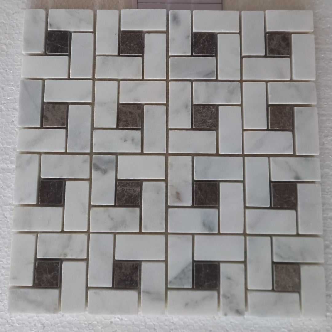 BIANCO WHITE & EMPRADOR Basket Weave 12"x12" Tumbled Mosaic