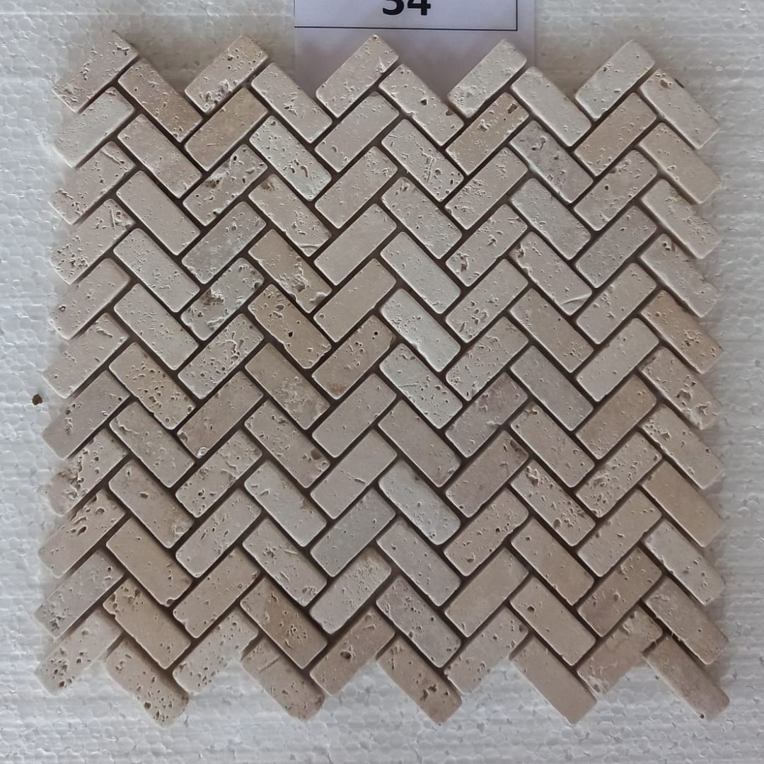 TRAVERTINE BEIGE Herringbone 5/8"x2" on mesh 12"x12" Tumbled Mosaic