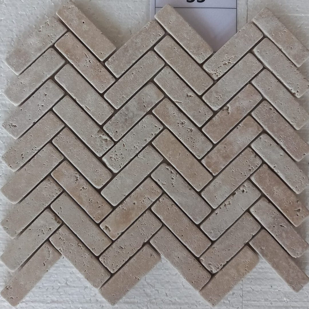 TRAVERTINE BEIGE Herringbone 1"x2" on mesh 12"x12" Tumbled Mosaic