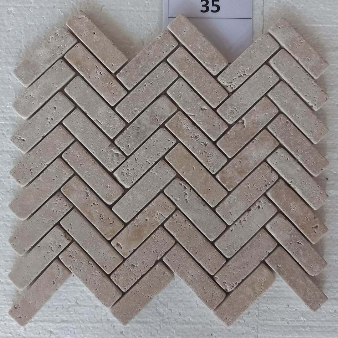 TRAVERTINE BEIGE Herringbone 1"x2" on mesh 12"x12" Tumbled Mosaic