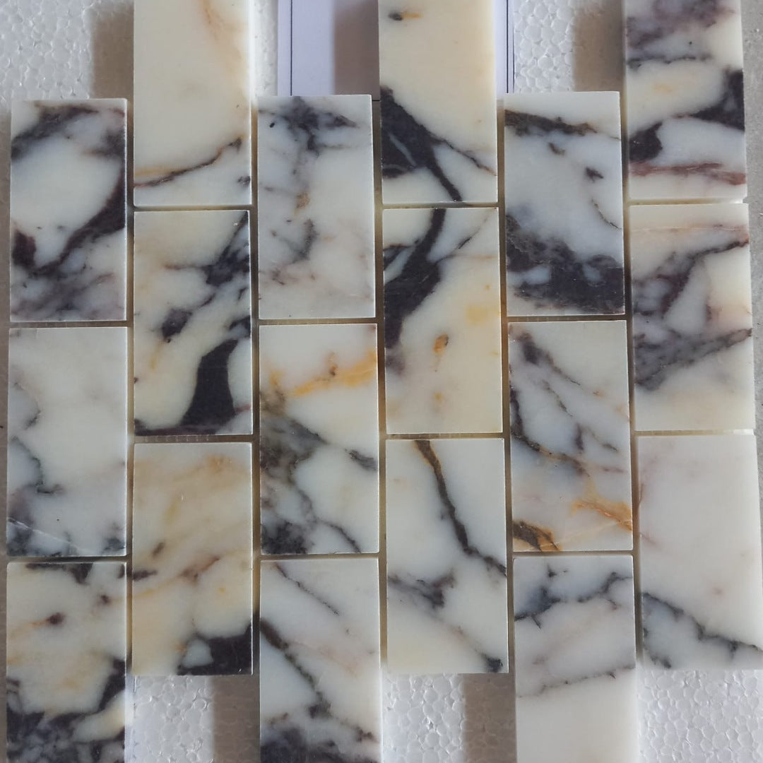 TIGER BLACK Brick 2"X4" on mesh 12"x12" Polished Mosaic