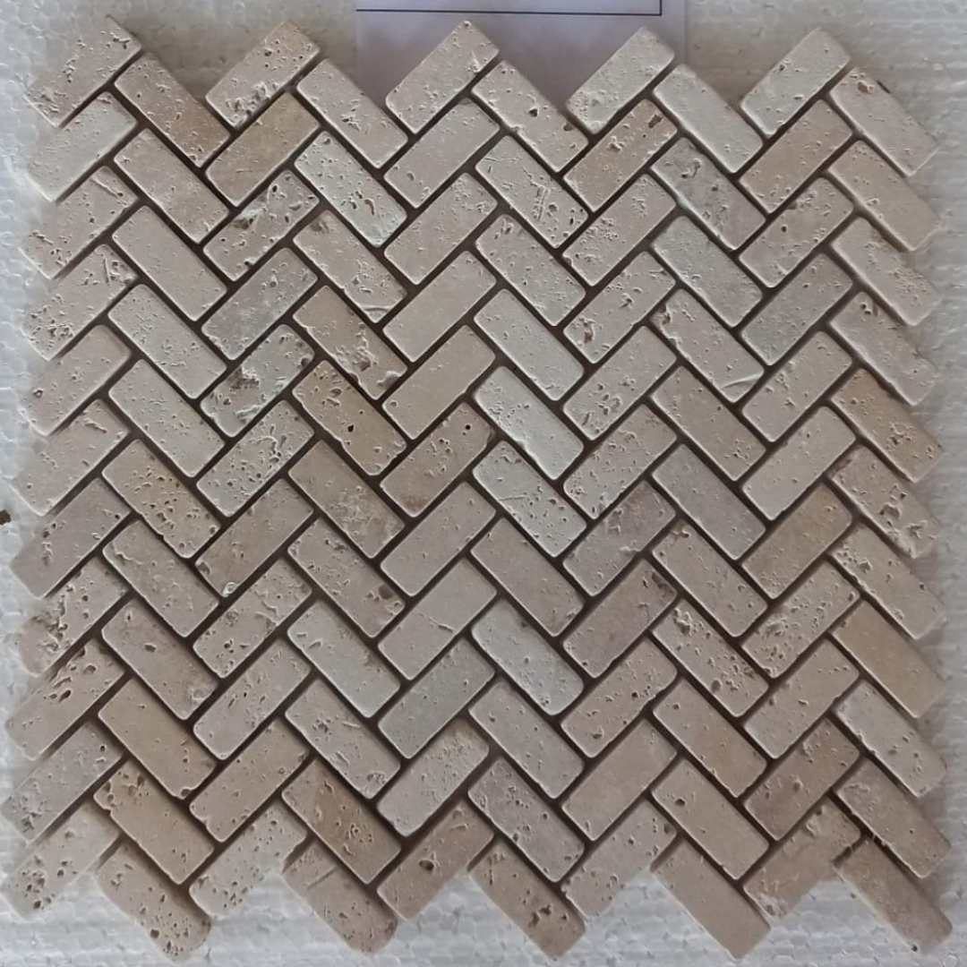 TRAVERTINE BEIGE Herringbone 5/8"x2" Tumbled Mosaic