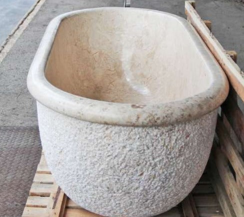 SEABREEZE Travertine Honed/Filled interior & rough picked exterior Oval Bathtub