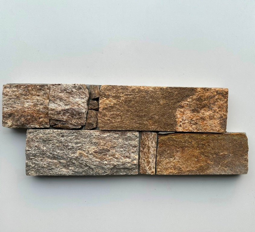 EROSION BROWN Granite Split-face irregular rectangles, glued on cement board, interlocking Wall Veneer