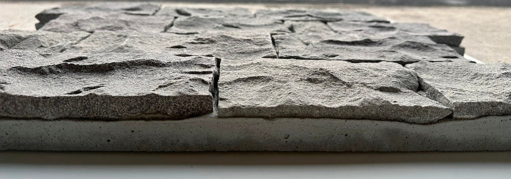 EROSION GREY Basalt Split-face irregular rectangles, glued on cement board, interlocking Wall Veneer