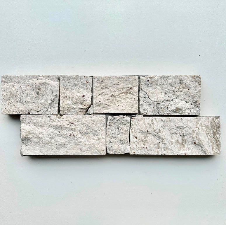 EROSION WHITE Granite Split-face irregular rectangles, glued on cement board, interlocking Wall Veneer