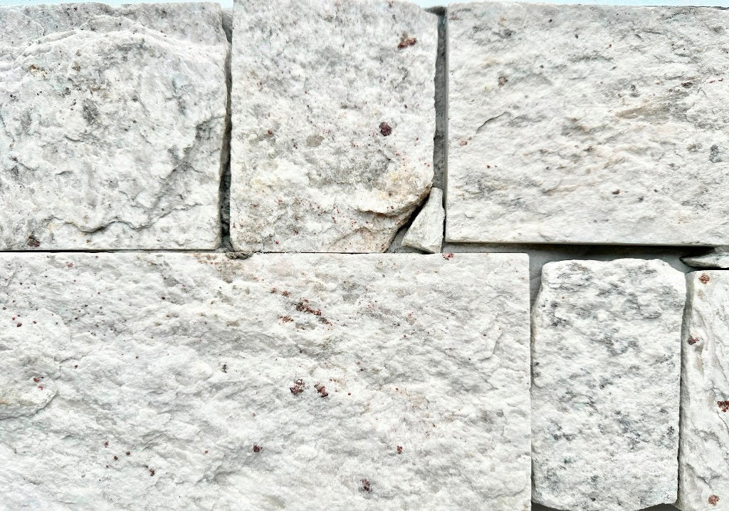 EROSION WHITE Granite Split-face irregular rectangles, glued on cement board, interlocking Wall Veneer