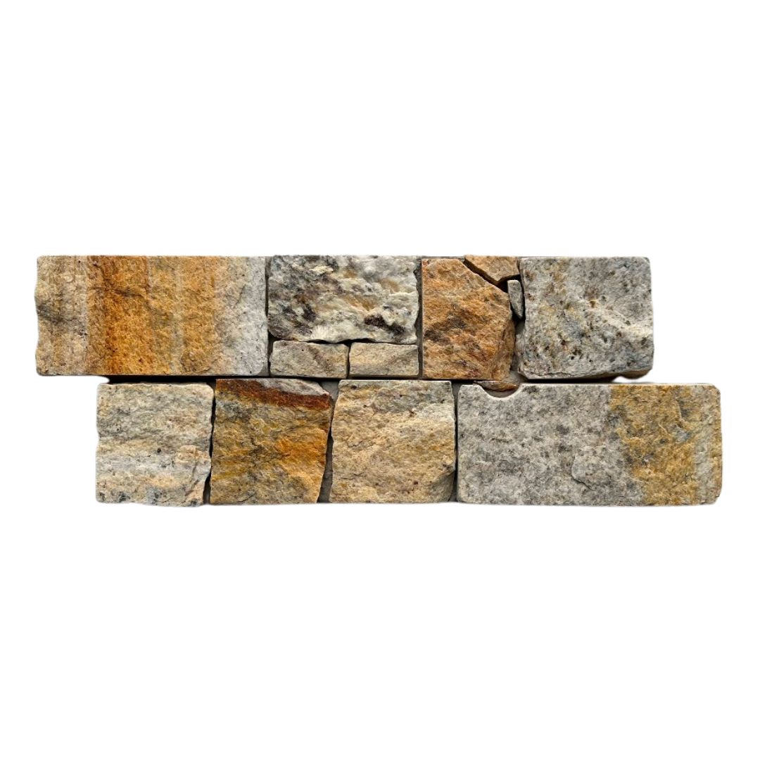 EROSION YELLOW Granite Split-face irregular rectangles, glued on cement board, interlocking Ledger Wall Veneer