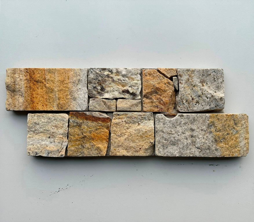 EROSION YELLOW Granite Split-face irregular rectangles, glued on cement board, interlocking Wall Veneer