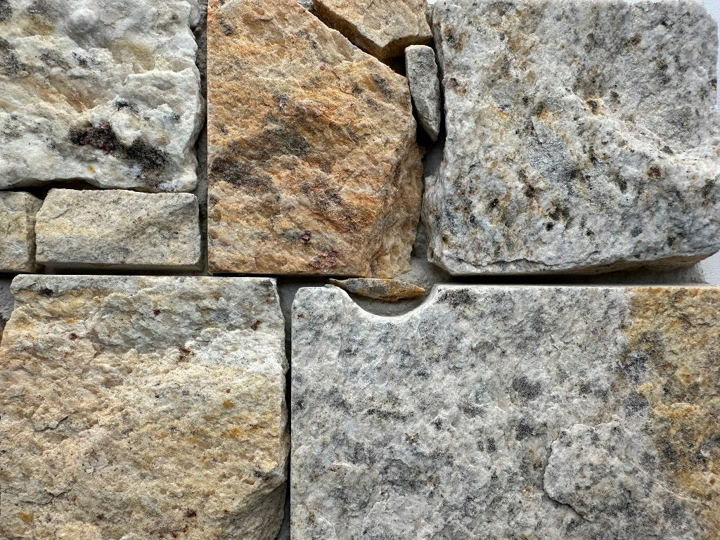 EROSION YELLOW Granite Split-face irregular rectangles, glued on cement board, interlocking Wall Veneer