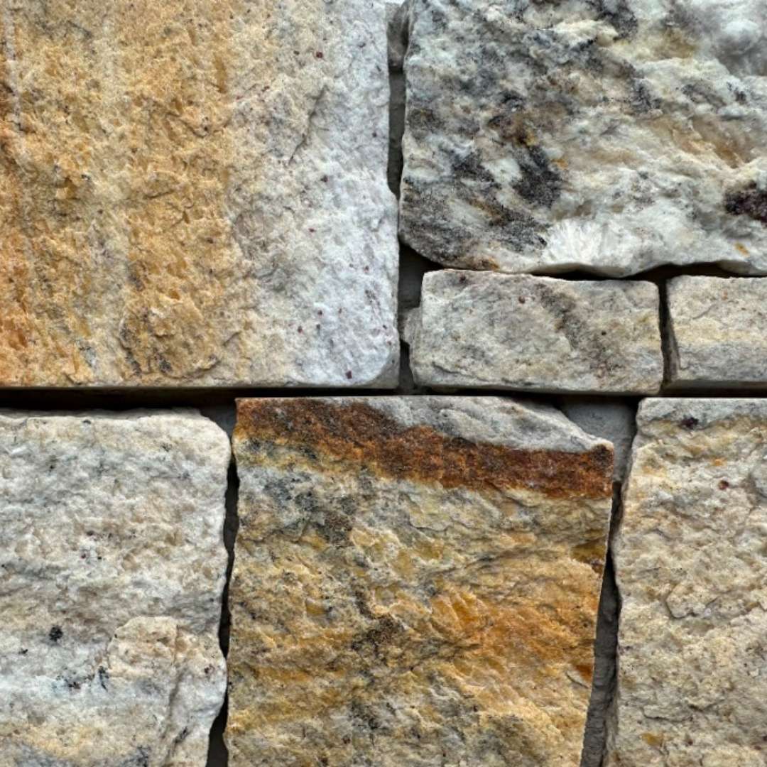 EROSION YELLOW Granite Split-face irregular rectangles, glued on cement board, interlocking Wall Veneer