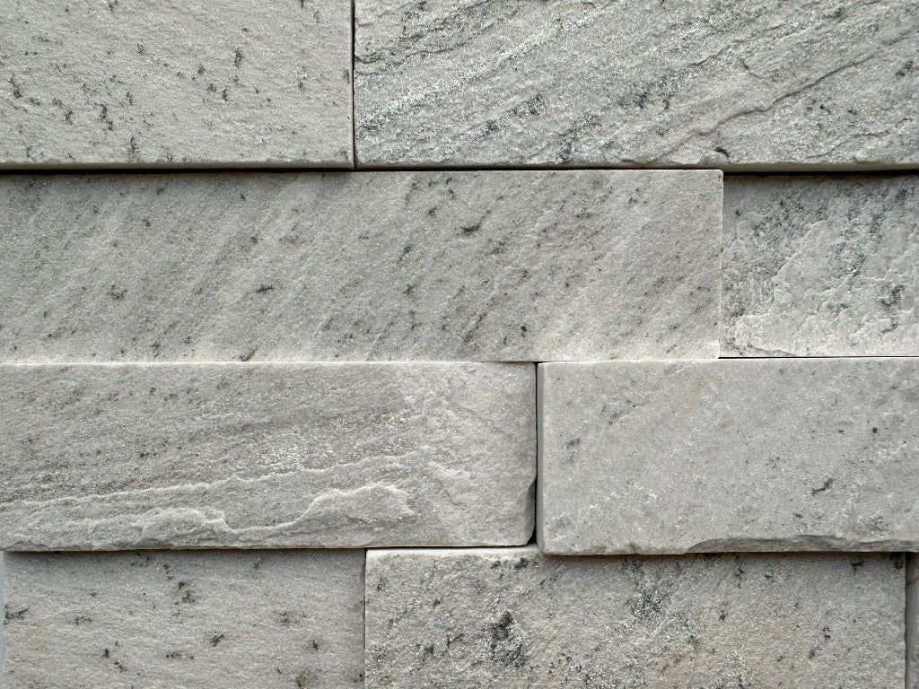 SIERRA WHITE Quartzite Split-face various lenghts rectangles, stacked glued, interlocking Wall Veneer