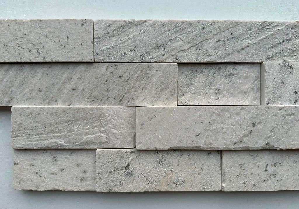 SIERRA WHITE Quartzite Split-face various lenghts rectangles, stacked glued, interlocking Wall Veneer
