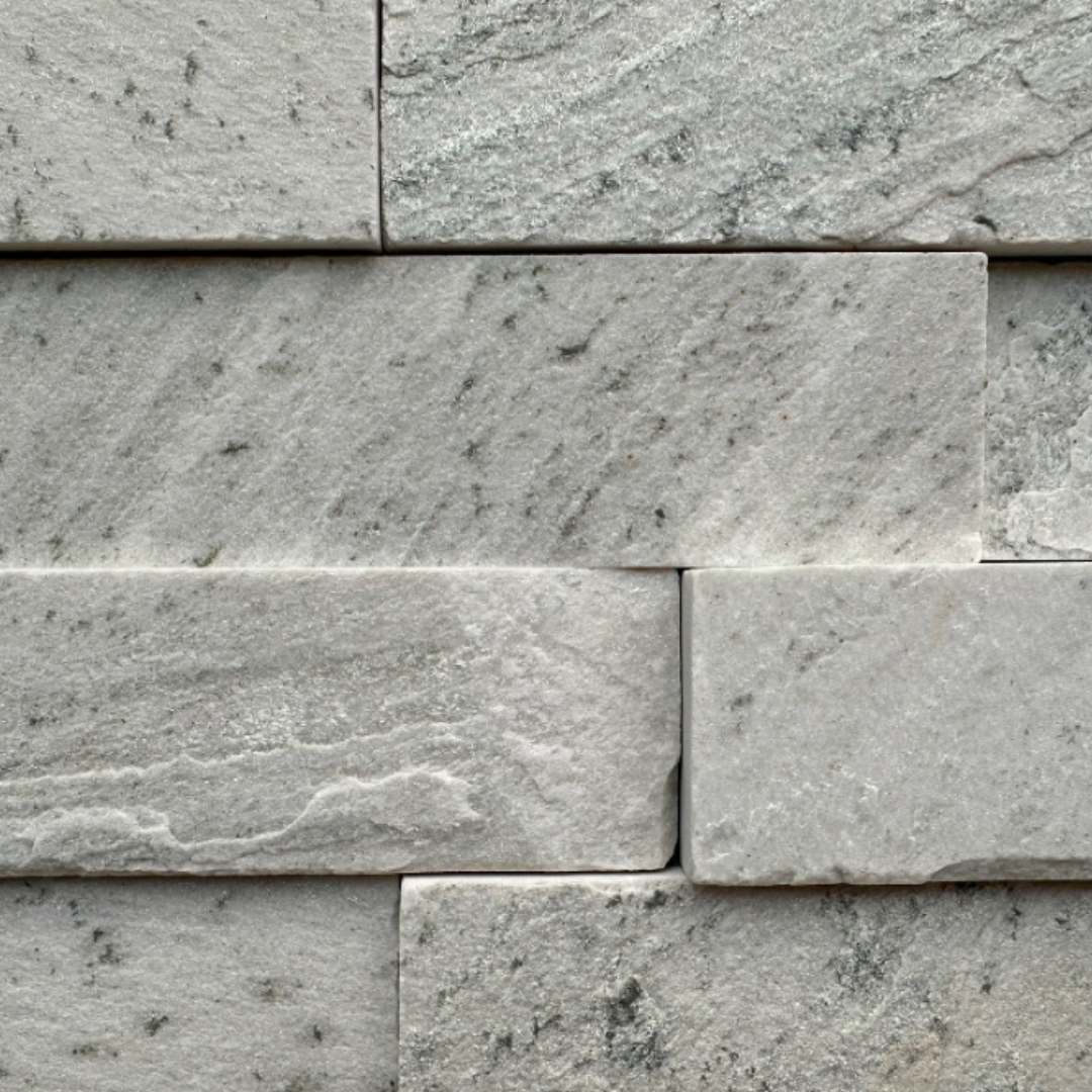 SIERRA WHITE Quartzite Split-face various lenghts rectangles, stacked glued, interlocking Wall Veneer