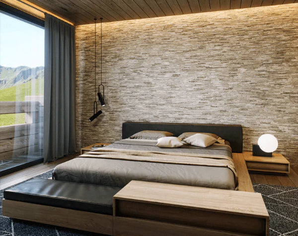 Bedroom | Budi Creme Marble Mini Split Corner Wall Veneer