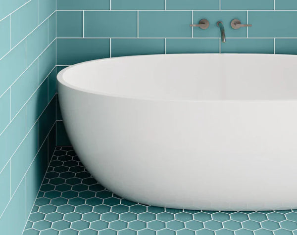 Bathroom | Azure Glass Essentials 3" Hex Mosaic