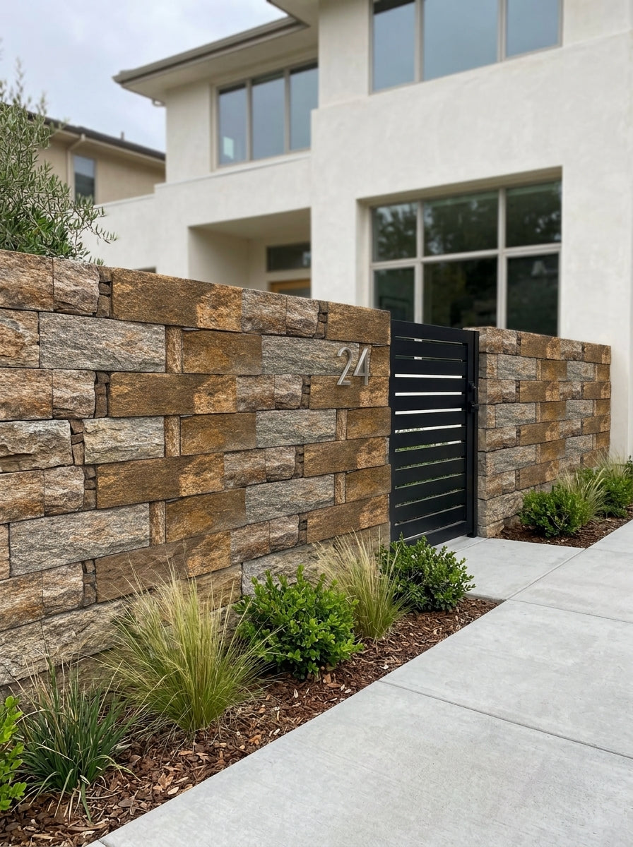 EROSION BROWN Granite Split-face irregular rectangles, glued on cement board, interlocking Ledger Wall Veneer
