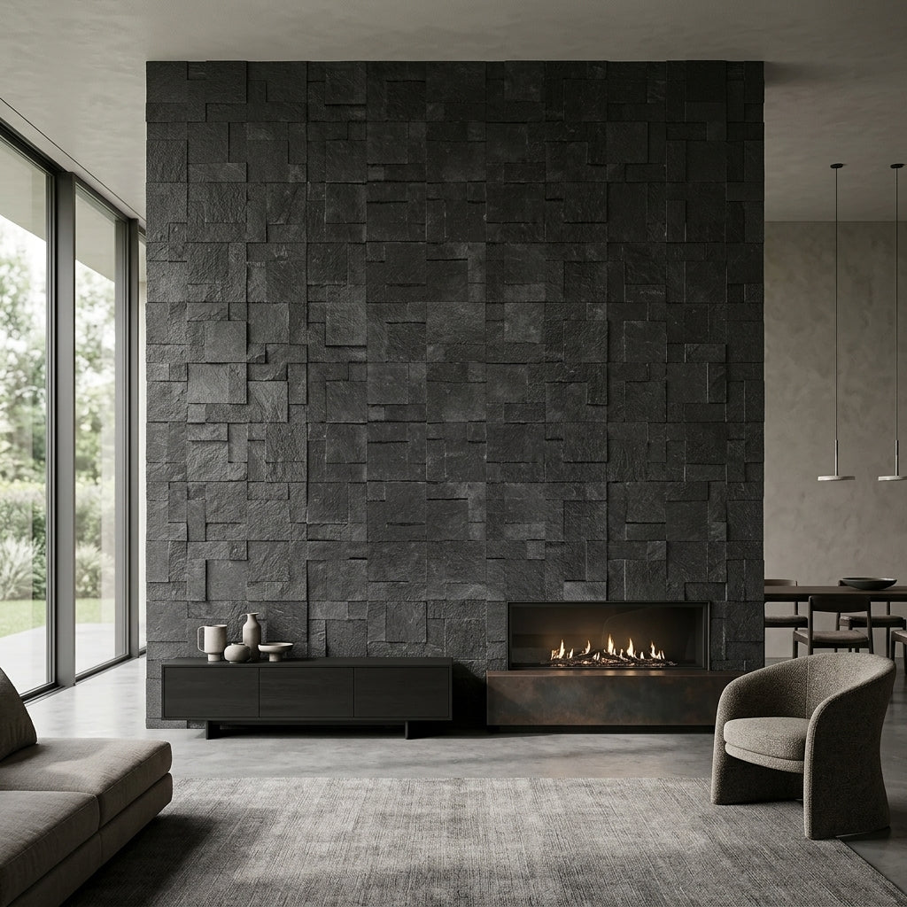 NAVARO SCURO Basalt Split-face rectangles & squares, stacked glued Ledger Wall Veneer