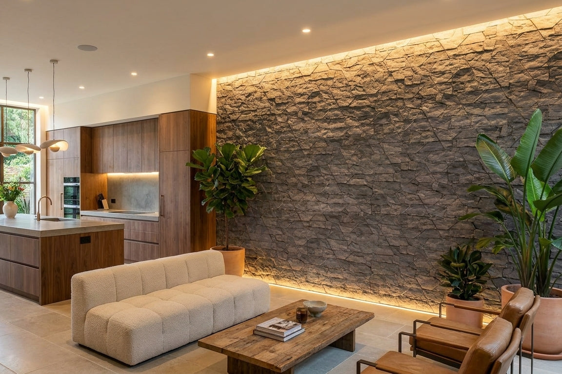 STAR GREY Basalt Split-face irregular random, glued on cement board, interlocking Ledger Wall Veneer