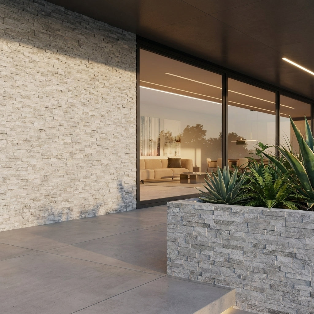 SIERRA WHITE Quartzite Split-face various lenghts rectangles, stacked glued, interlocking Ledger Wall Veneer