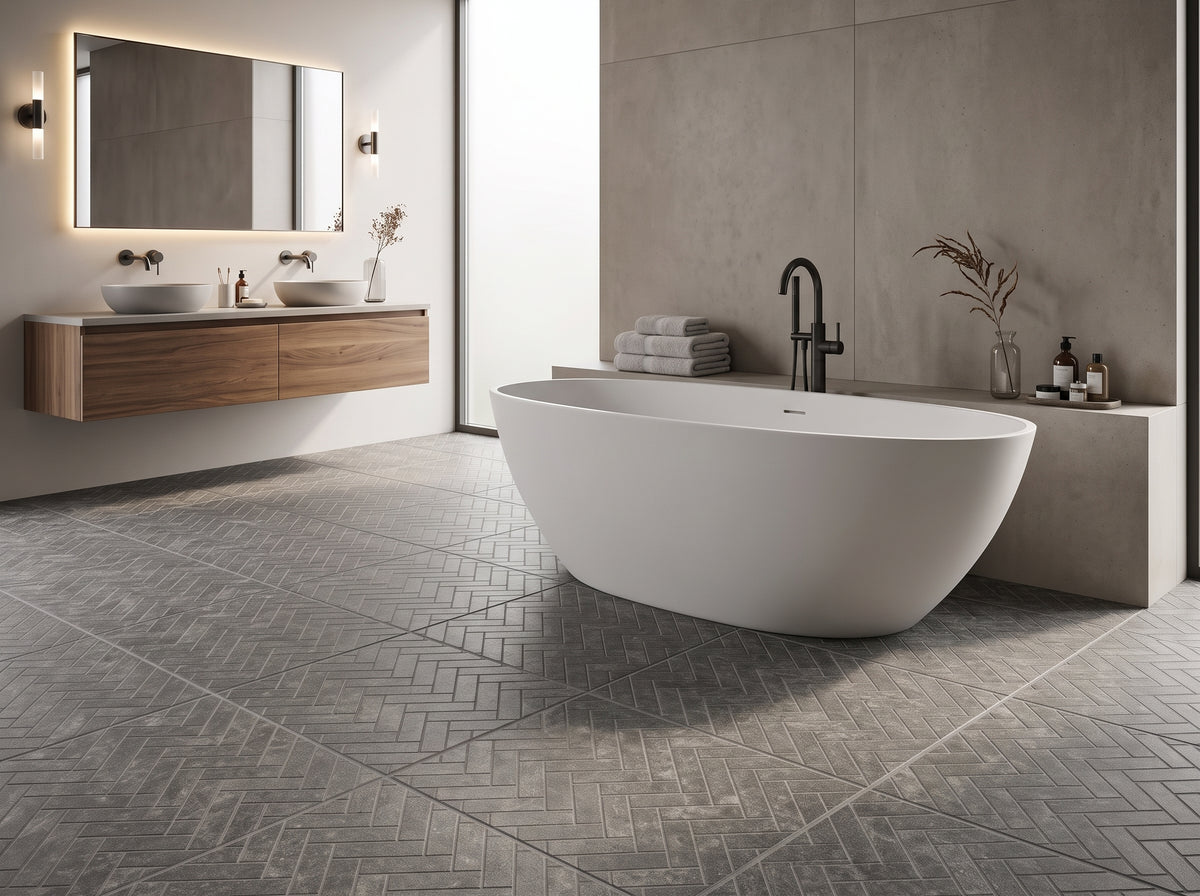 SOLID LAVA GREY Herringbone Flamed/Brushed Mosaic - Vulcano