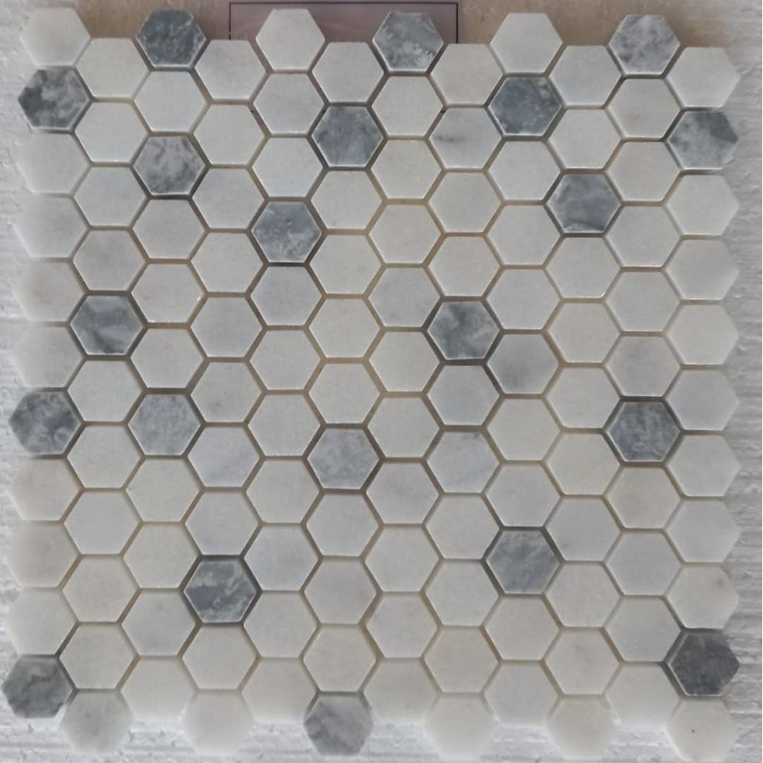 BIANCO & BLUE Hexagon Mini Honed Mosaic