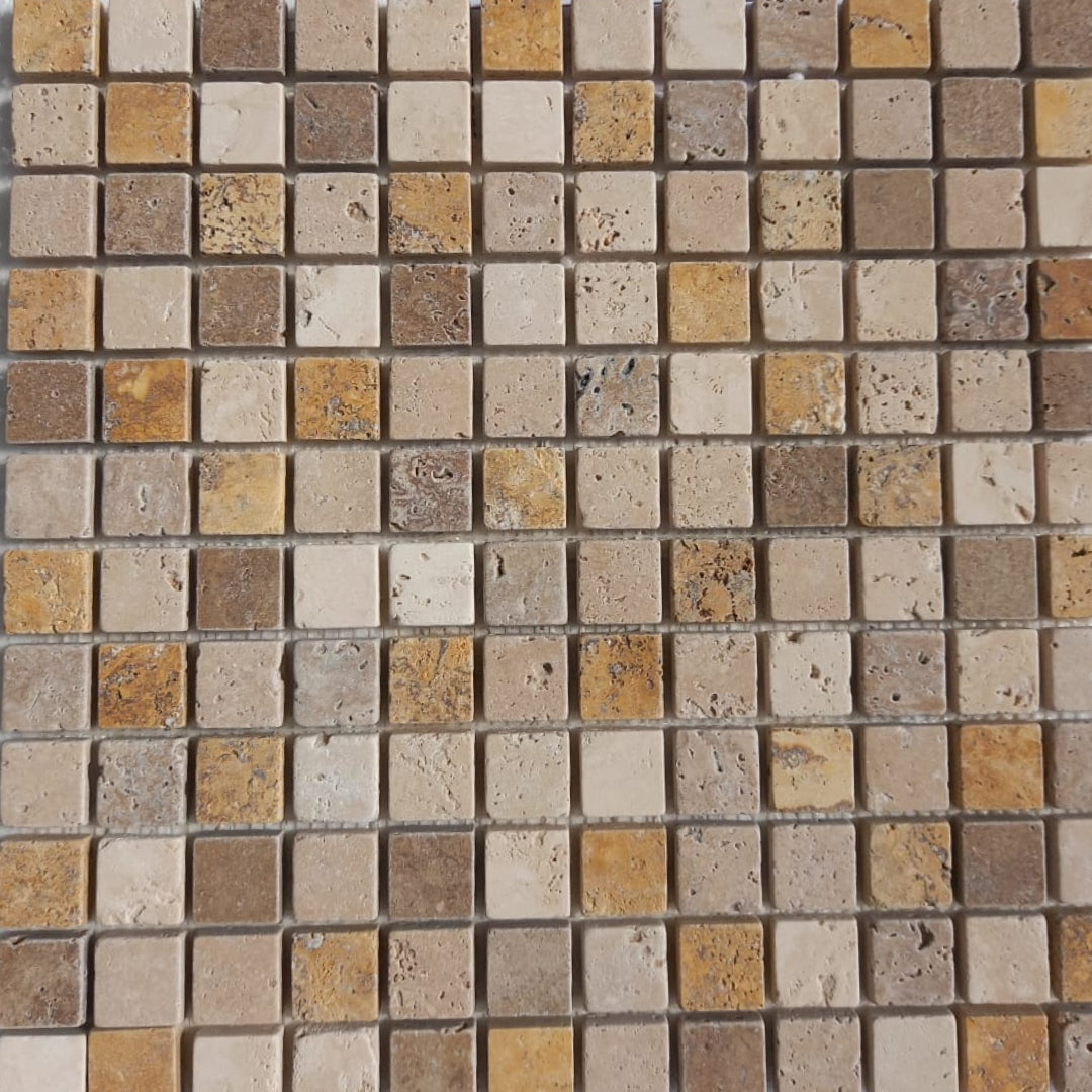 MIXED TRAVERTINE Squares 1"X1" on mesh 12"x12" Tumbled Mosaic