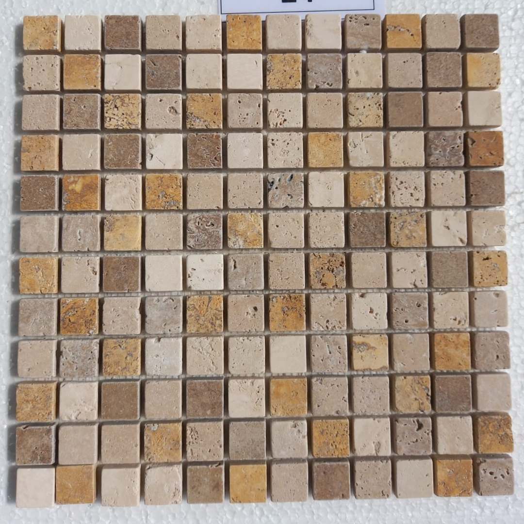 MIXED TRAVERTINE Squares 1"X1" on mesh 12"x12" Tumbled Mosaic