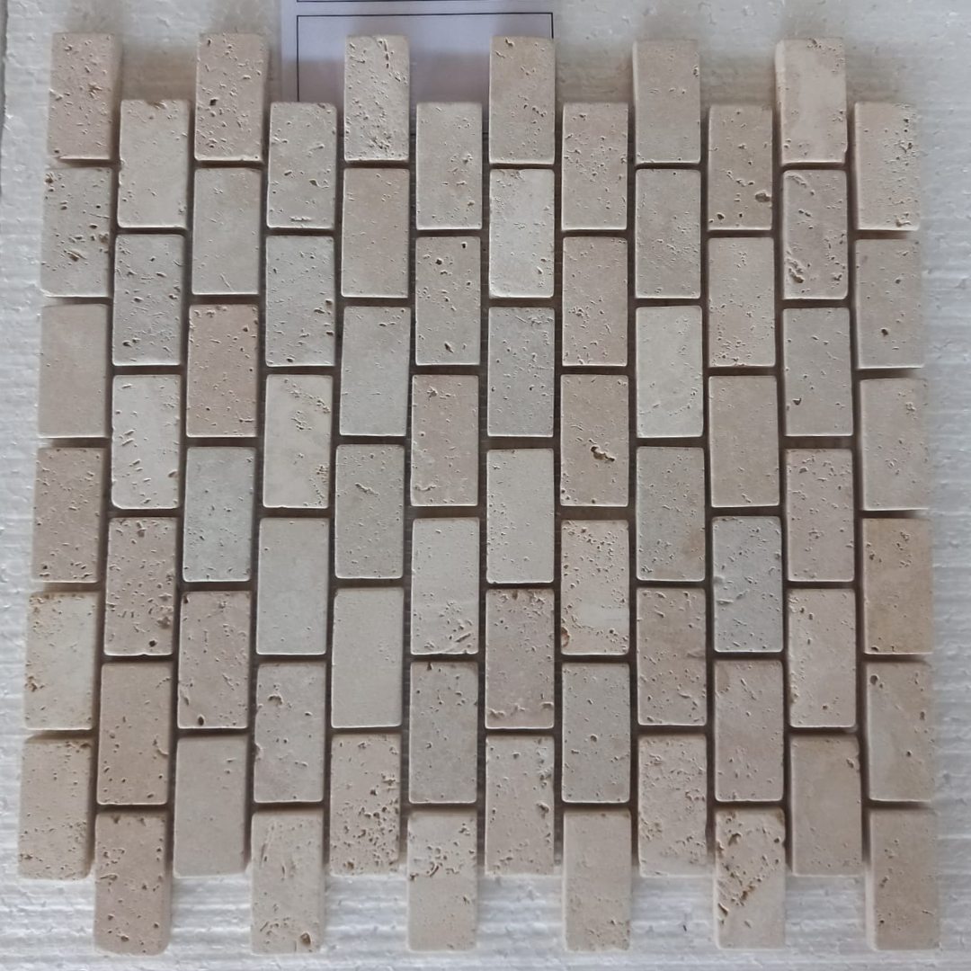 TRAVERTINE BEIGE Brick 1"X2" on mesh 12"x12" Tumbled Mosaic