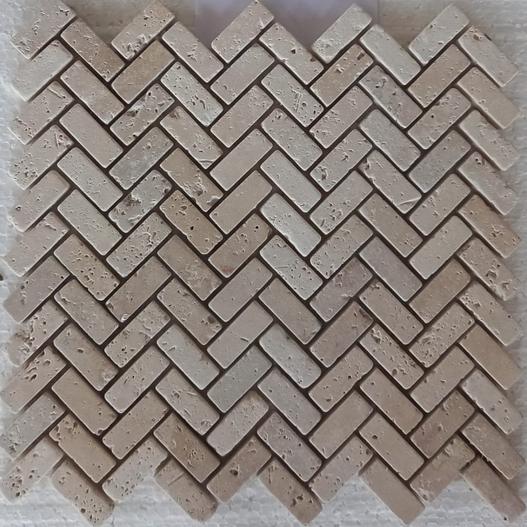 TRAVERTINE BEIGE Herringbone 5/8"x2" on mesh 12"x12" Tumbled Mosaic