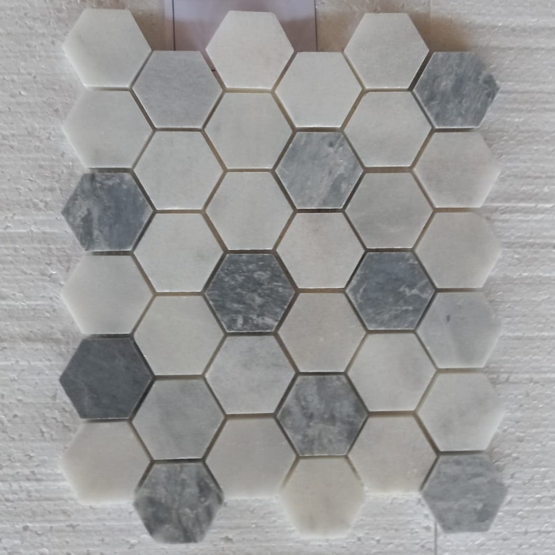 WHITE & BLUE MIX Hexagon 12"x12" Honed Mosaic