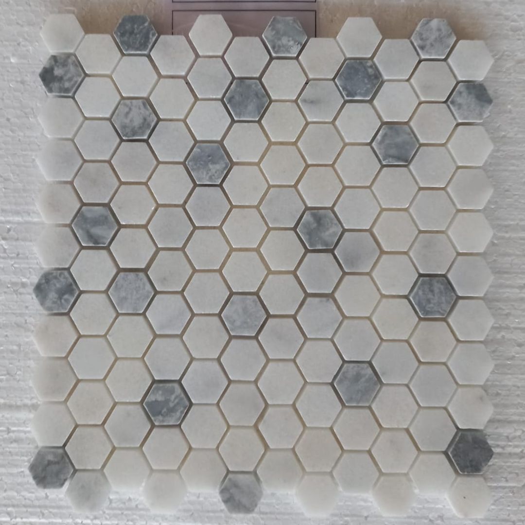 BIANCO & BLUE Hexagon Mini 12"x12" Honed Mosaic