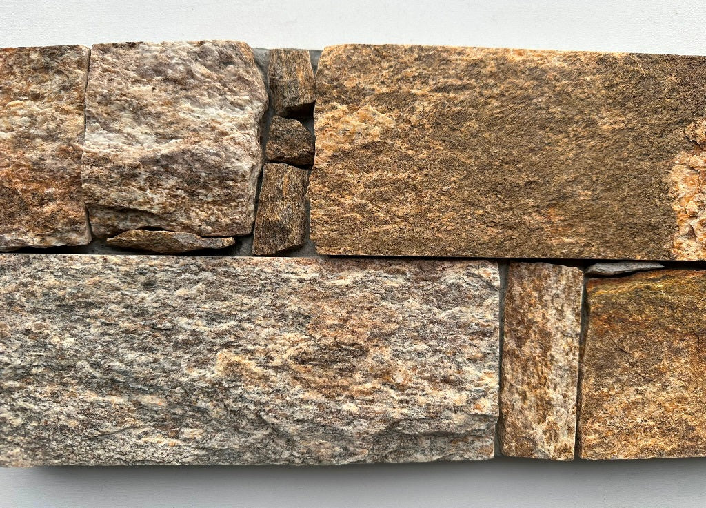 EROSION BROWN Granite Split-face irregular rectangles, glued on cement board, interlocking Wall Veneer