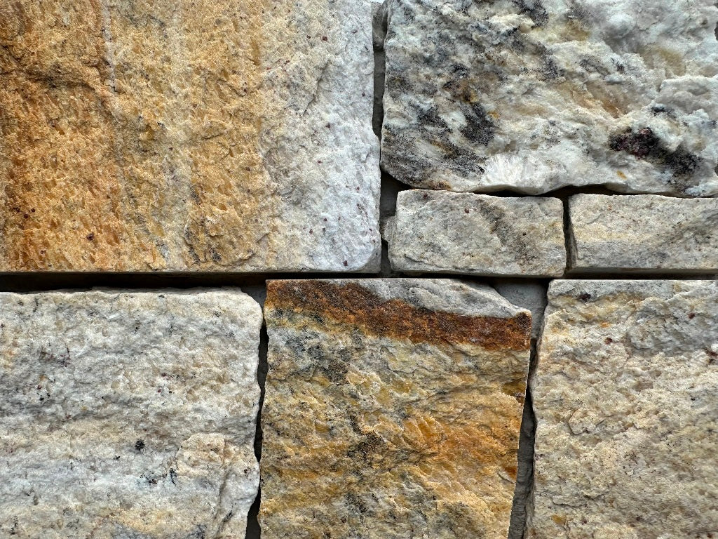 EROSION YELLOW Granite Split-face irregular rectangles, glued on cement board, interlocking Wall Veneer