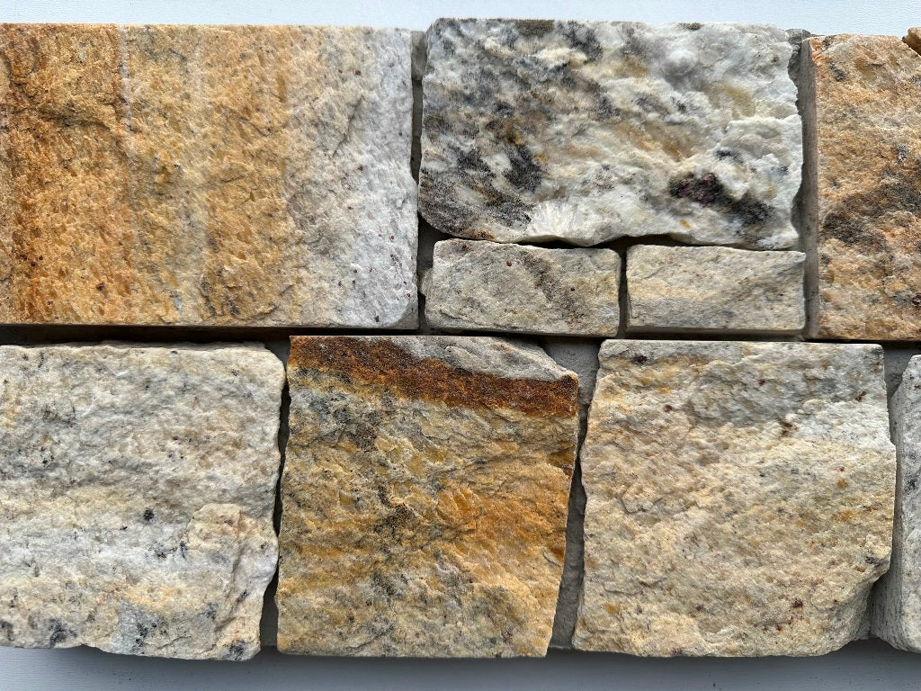 EROSION YELLOW Granite Split-face irregular rectangles, glued on cement board, interlocking Wall Veneer