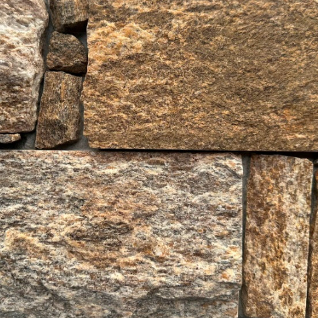 EROSION BROWN Granite Split-face irregular rectangles, glued on cement board, interlocking Wall Veneer