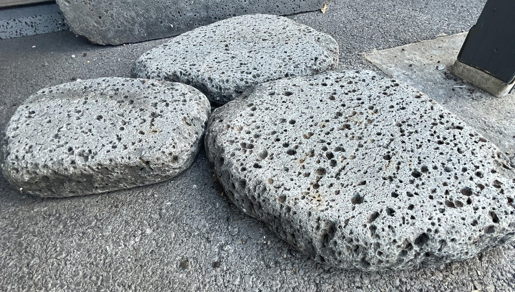 PUKA LAVA GREY - IRREGULAR RANDOM TUMBLED, Basalt Saw Cut - 12-18" mix diameter x 1.5" thick Paver