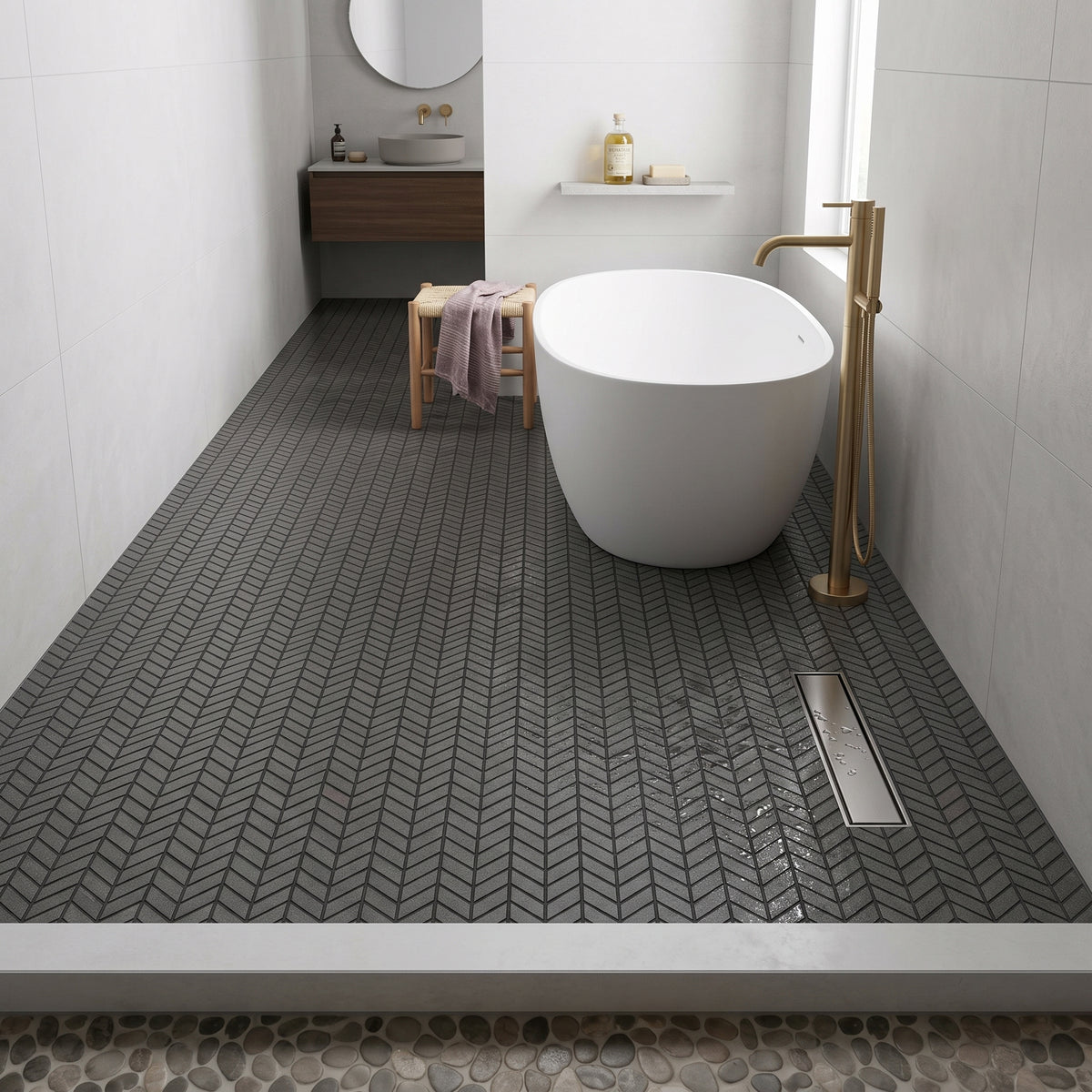 SOLID LAVA GREY Chevron Honed Mosaic - Vulcano